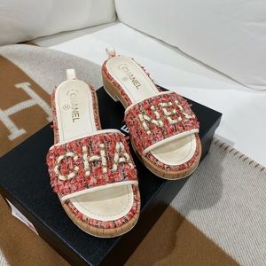 Chanel 21C tweed cork coral sandals
